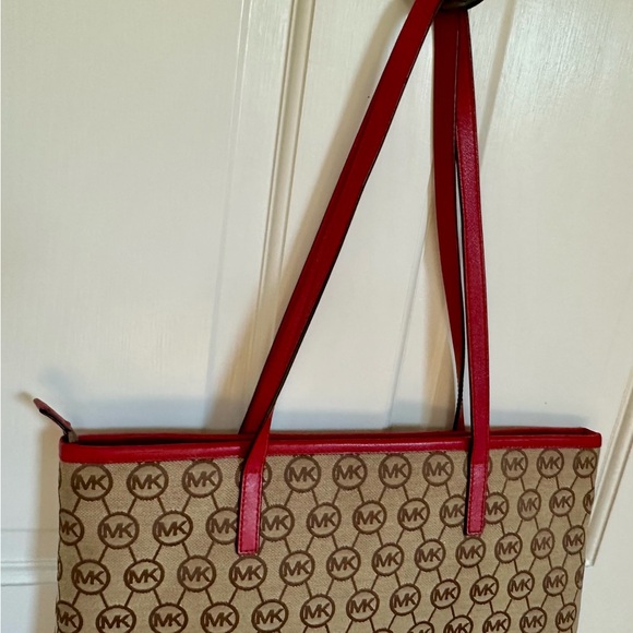 Michael Kors Red Handle Canvas Tote Bag Jet Set Messenger - Picture 5 of 8